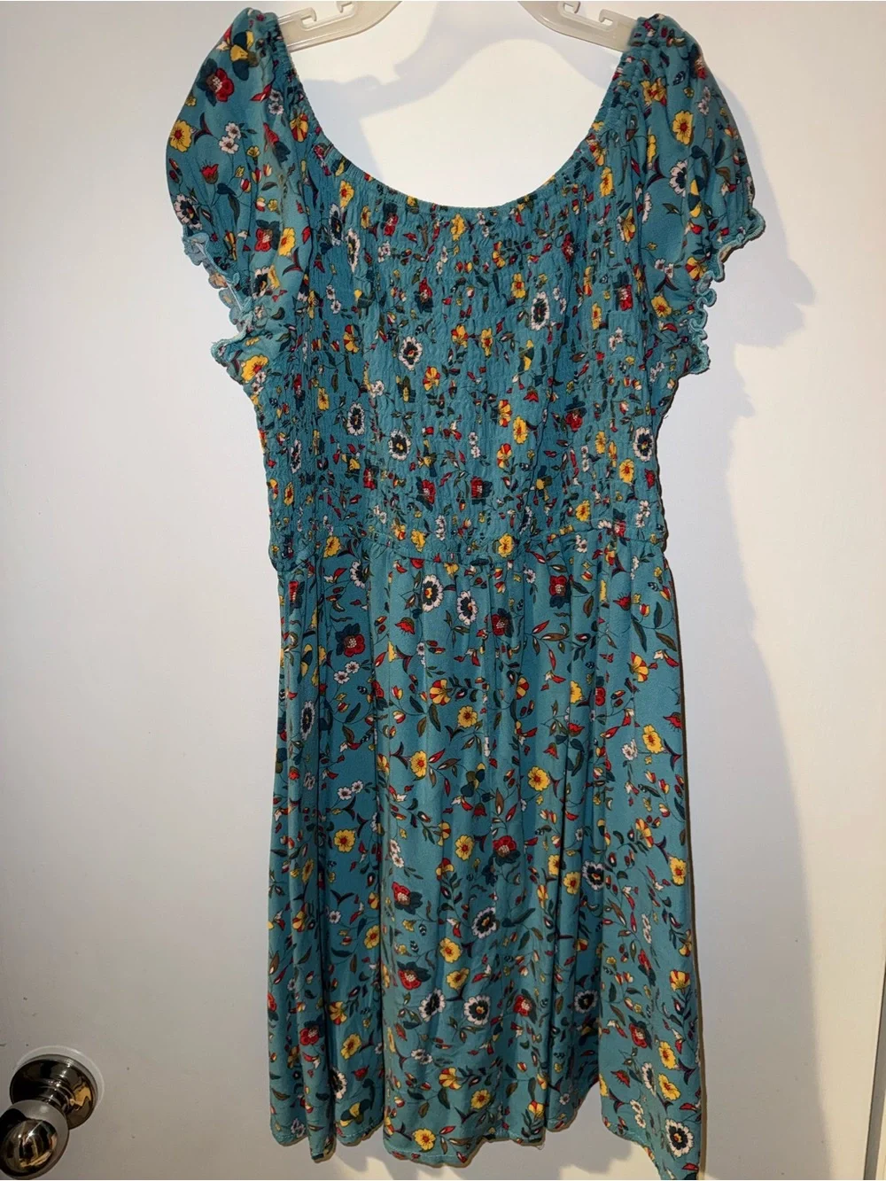 Zunie Teal Floral Smocked Midi Dress with Buttons